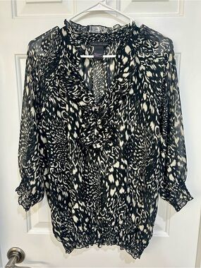 Elena Solano Black & White Ruffle V-Neck Blouse, Size L